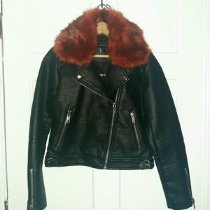 Forever 21 faux vegan leather jacket w/ orange furry collar